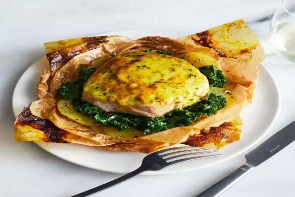 Parchment Packet Baked Tuna Steaks & Vegetables with Creamy Dijon Turmeric Sauce