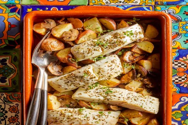 Provencal Baked Fish with Roasted Potatoes & Mushroom