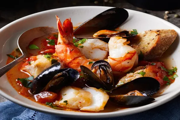 Fishermans Stew with Roasted Garlic Crostini