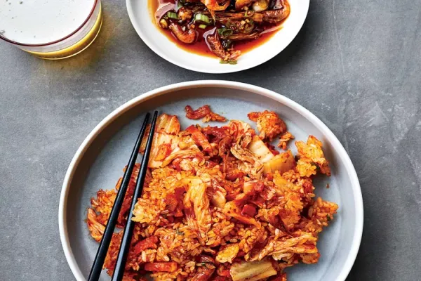 Kimchi Fried Rice with Spicy Shrimp and Sesame Sauce