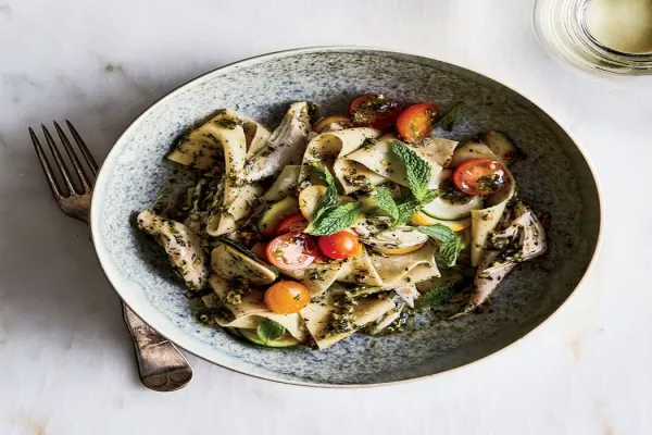 Pappardelle with Chicken and Pistachio Mint Pesto